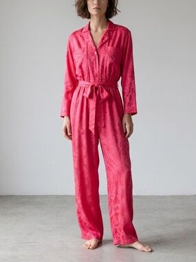 Mollie Parnis Vintage 1960s Hot Pink Damask Loungewear Jumpsuit